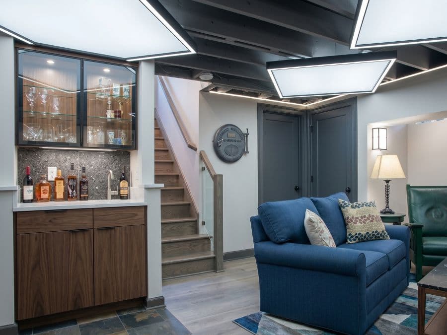 Basement Finishing - East Village brownstone, family room with built-in media wall