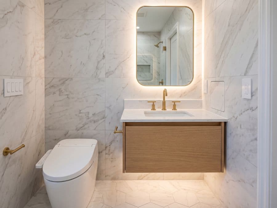 Bathroom Remodeling - East Village powder room, pattern tile floor, custom mirror