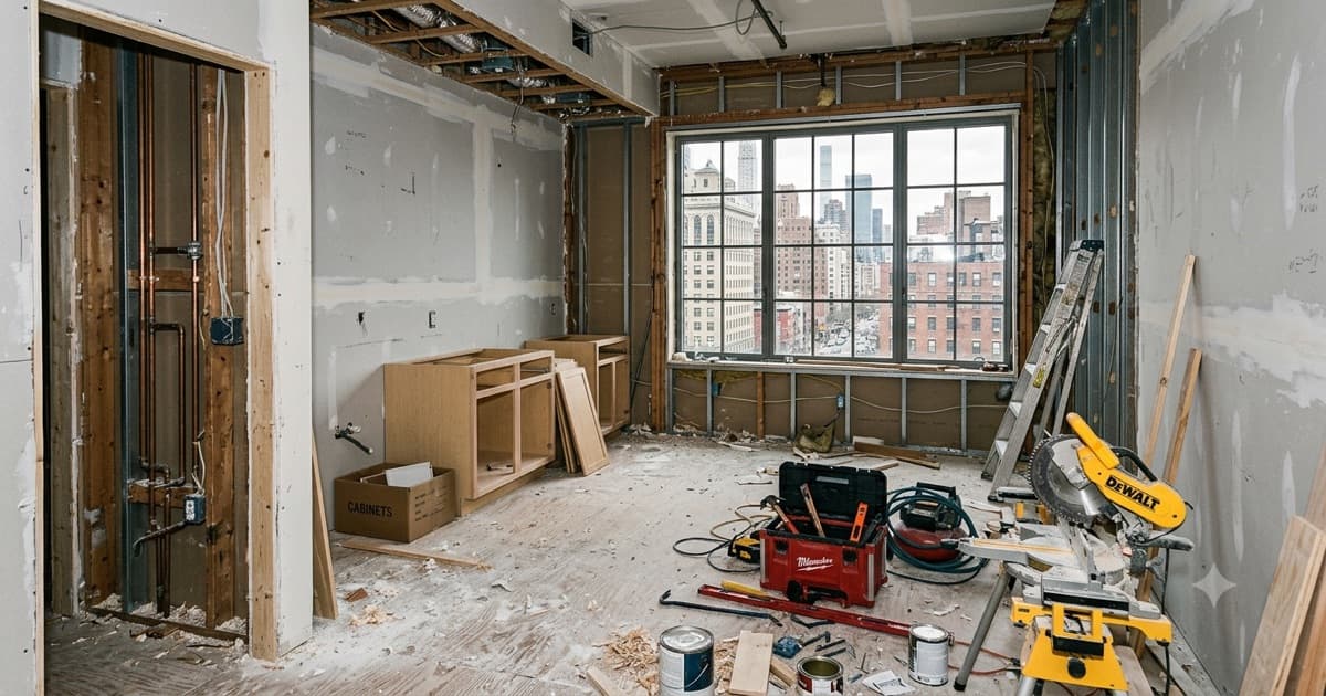Unfinished Manhattan apartment renovation with open walls, exposed framing, and tools left in place after a contractor abandoned the job