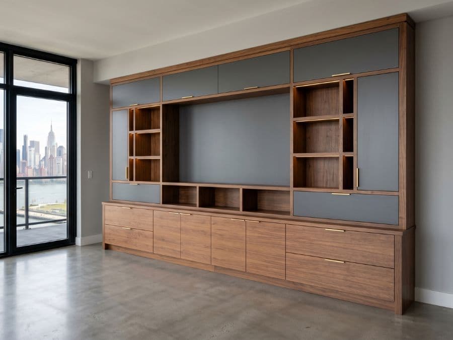 Carpentry - media wall with integrated cabinetry in Lower East Side condo